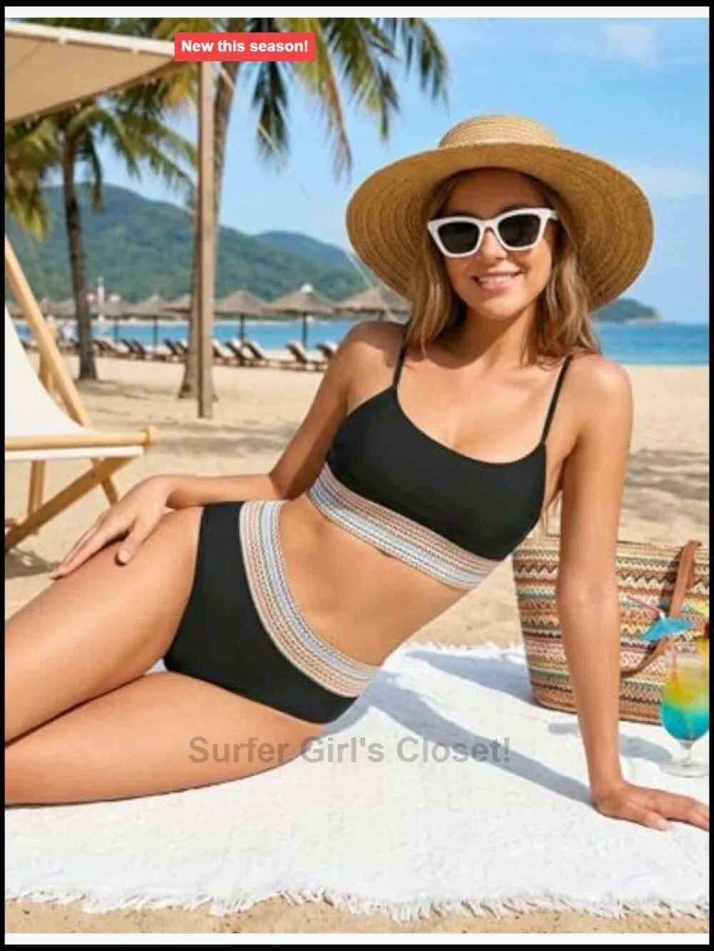 High Waisted Bikini Set Color Block Scoop Neck Two Piece Swimsuit Adjustable